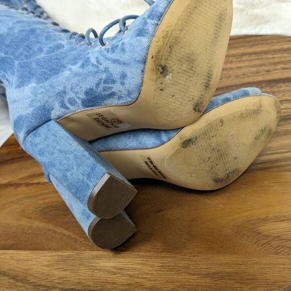 Club Exx Legacy Denim Blue Over the Knee Lace Up Heeled Boots US Size 7 - Picture 8 of 10